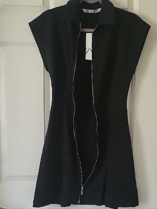 Zara Black Zip Front Mini Dress Collar Cap Sleeve A-Line Womens Size S NWT - Picture 6 of 9